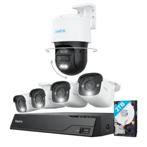 Reolink - 8 - Channel, 4 - Bullet 1 - Pan Tilt Auto Track Camera Indoor/Outdoor 4K+ 12MP PoE 2TB NVR Security Surveillance System - White